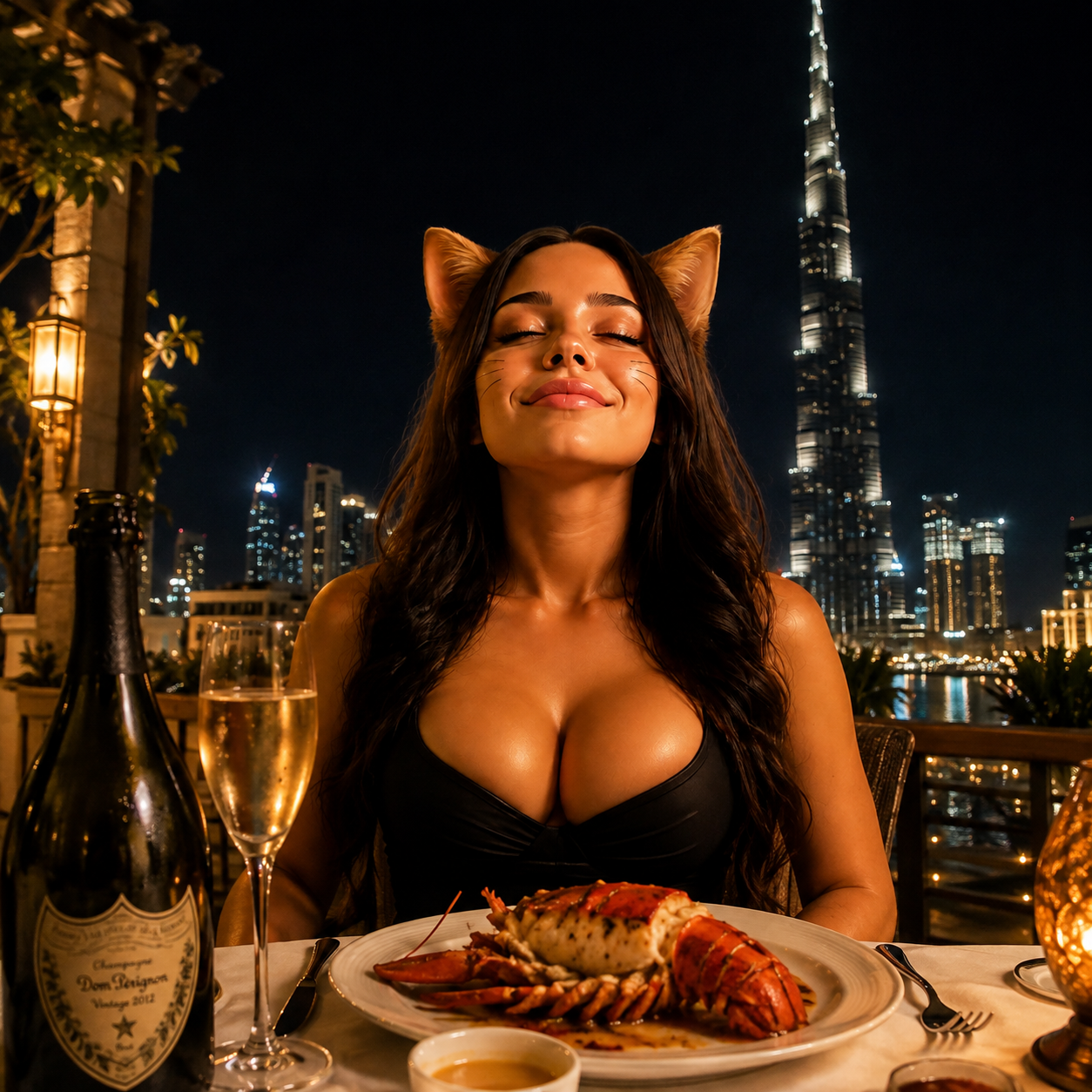 CATENISHA dining at night with lobster and vintage champagne, the Burj Khalifa lit behind her
